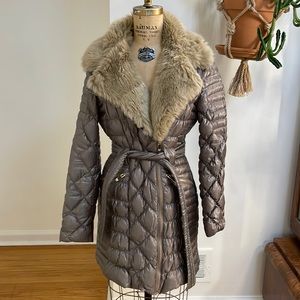 Via Spiga Metallic Gray Puffer Coat with Faux Fur Collar
